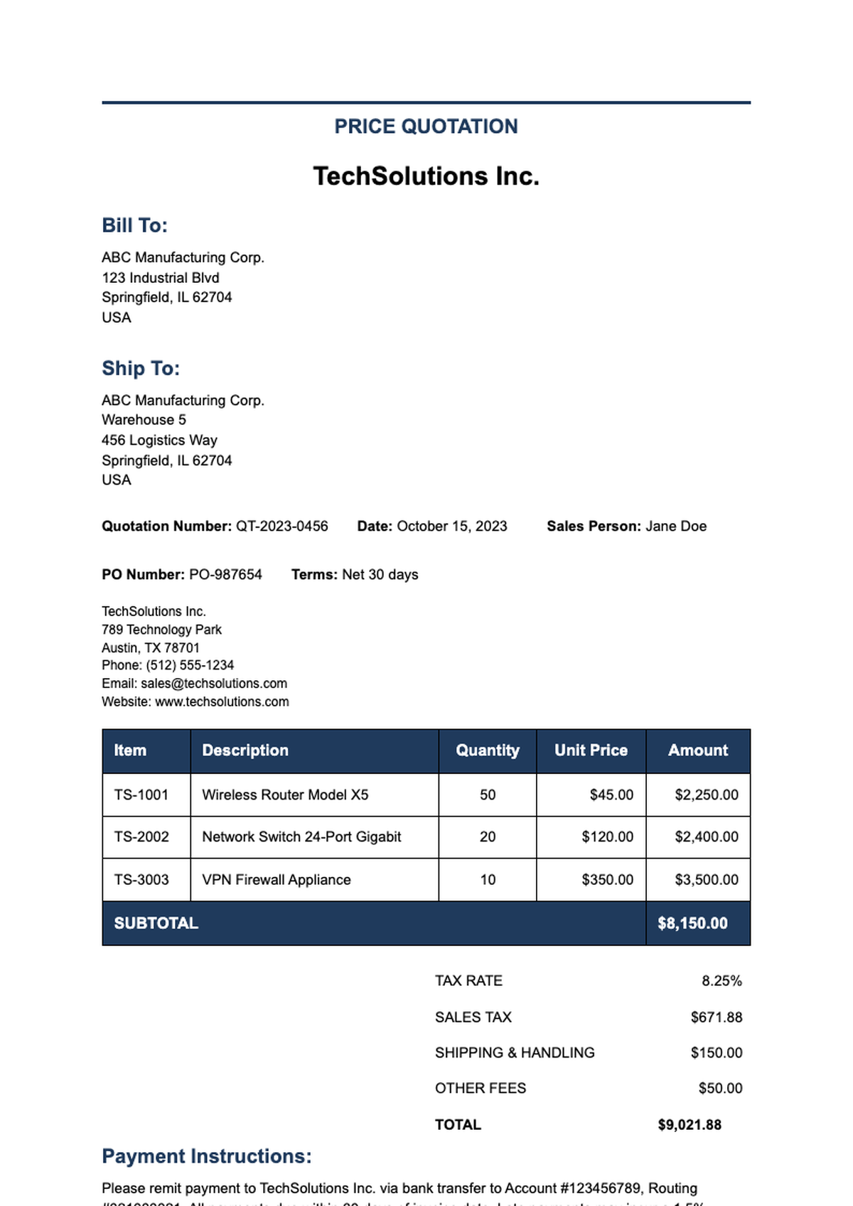 Professional sales quote invoice with blue header and itemized totals_variant_1